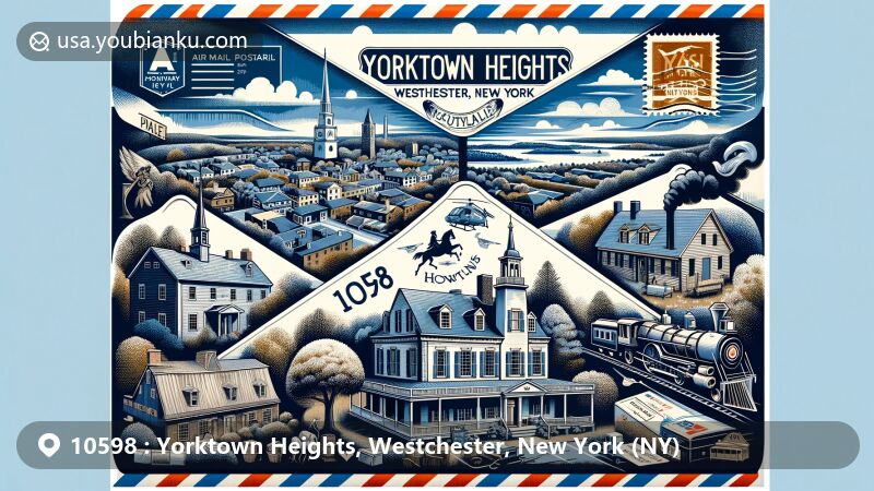 Modern illustration of Yorktown Heights, Westchester, New York, showcasing postal theme with ZIP code 10598, featuring Hyatt House, Lanes Tavern, historic Presbyterian church, and New York and Putnam Railroad Line, along with 18th-century home and Mohegan Indian settlement.