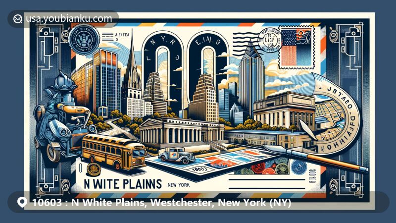 Detailed illustration of N White Plains, Westchester, New York, featuring postal theme with ZIP code 10603, showcasing skyline, historical landmarks, and postal elements like stamps and vintage postal truck.