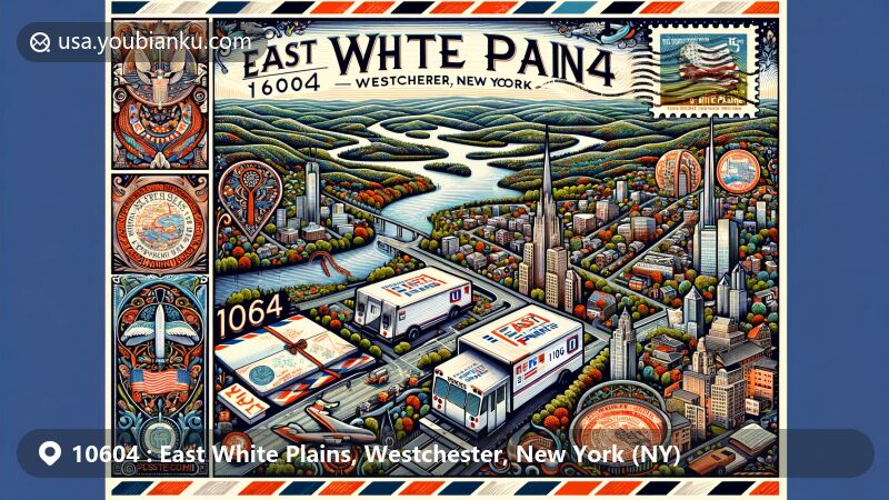 Modern illustration of East White Plains, Westchester, New York, featuring creative postal theme with iconic skyline or landmark, reflecting suburban charm and commercial hub status, incorporating elements of rich history and cultural diversity.