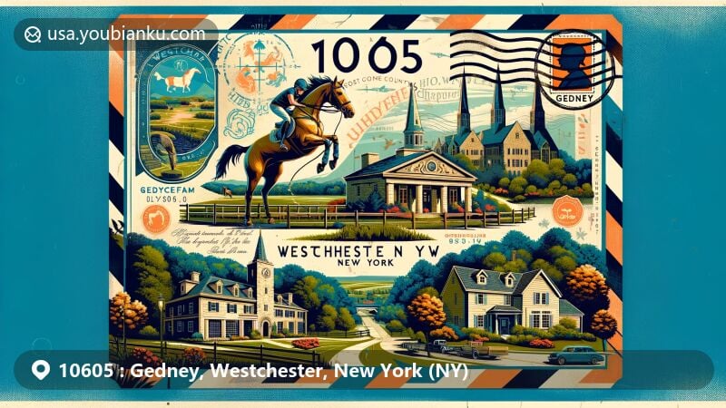 Modern illustration of Gedney, Westchester, New York (NY), capturing the essence of ZIP code 10605, showcasing Gedney Farm's historical charm and lush countryside, with iconic elements like high-jumping horse, Gedney Farm Hotel, and vintage streets.