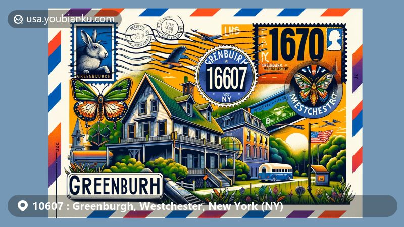 Wide-format illustration of Greenburgh, Westchester County, New York, featuring postal theme with airmail envelope and postcard, highlighting Greenburgh Nature Center and Odell House.