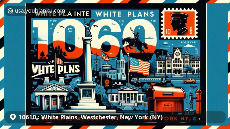 Modern illustration of White Plains, Westchester, New York (NY), showcasing iconic symbols like Civil War Memorial, D.A.R. Monument, and Firefighters Memorial Monument, with postal theme featuring vintage air mail design, '10610 White Plains, NY' postmark, historic building stamp, and red mailbox.