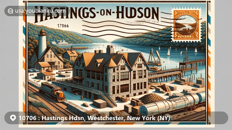 Modern illustration of Hastings-on-Hudson, Westchester County, New York, captured in a wide-format postcard, showcasing a scenic view of the Hudson River and the artistic Jasper F. Cropsey House and Studio, with a nod to the town's stone quarrying history and the iconic Westchester marble. A vintage airmail envelope design with a custom postage stamp featuring the Hastings-on-Hudson train station adds a postal touch.