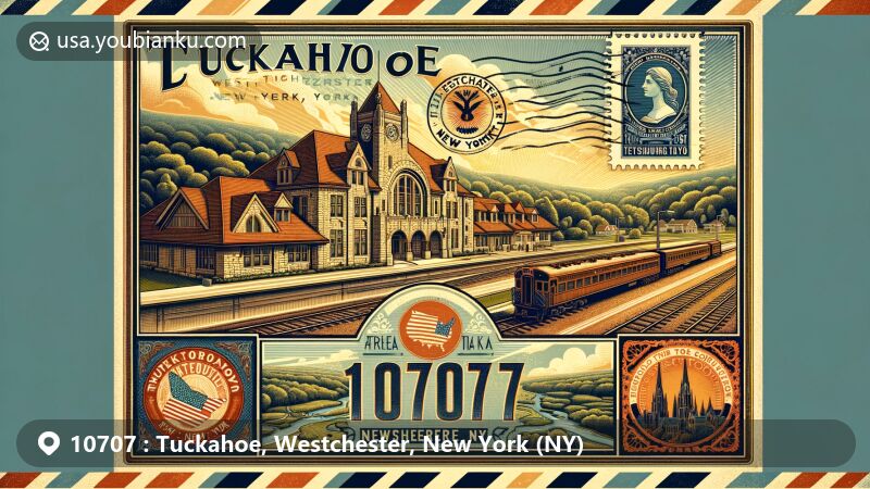 Modern illustration of Tuckahoe, Westchester, New York, representing postal theme with ZIP code 10707, featuring Crestwood Station, Church of the Assumption, and Immaculate Conception Church, showcasing area's marble quarrying history.