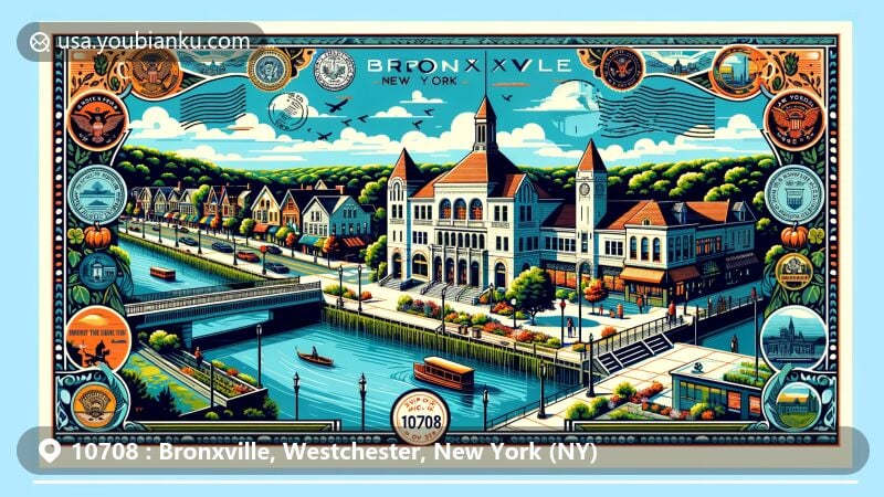 Modern illustration of Bronxville, New York, with historic downtown, Bronx River, Bronx River Parkway, and Bronxville Public Library, featuring ZIP code 10708 and symbolic elements like postal stamps and postmarks.