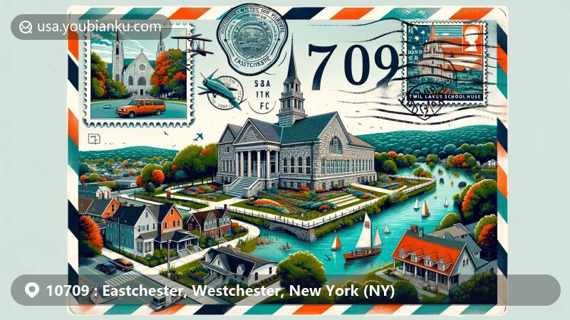 Modern illustration of Eastchester, Westchester, New York, showcasing postal theme with ZIP code 10709, featuring Marble Schoolhouse, Twin Lakes Park, and St. Paul's Church, along with suburban life elements and postal motifs.