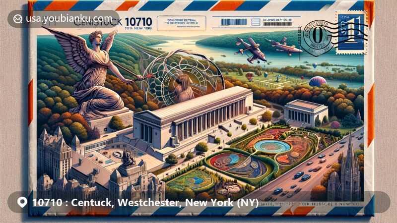 Modern illustration of Centuck, Westchester, New York, featuring iconic landmarks like Kykuit, Sleepy Hollow Cemetery, Hudson River Museum, and Donald M. Kendall Sculpture Gardens, integrating postal theme with ZIP code 10710.