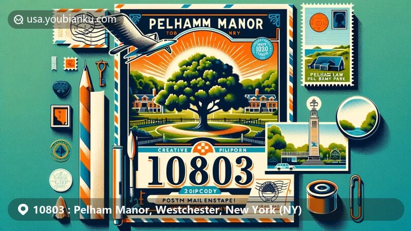 Modern illustration of Pelham Manor, Westchester County, New York, featuring postal theme with ZIP code 10803, Thomas Pell Treaty Oak, and Pelham Bay Park.