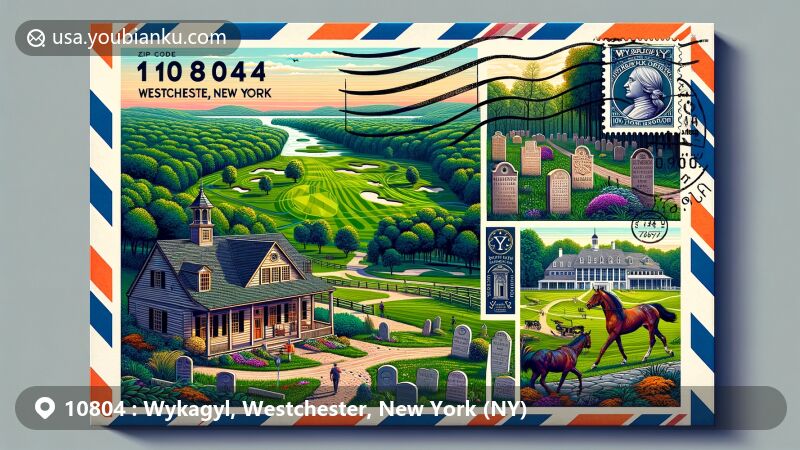 Illustration of Wykagyl, Westchester, New York (NY), showcasing Thomas Paine Cottage, Ward Acres Nature Preserve, and postal elements with ZIP code 10804, integrating historical landmarks and postal themes.