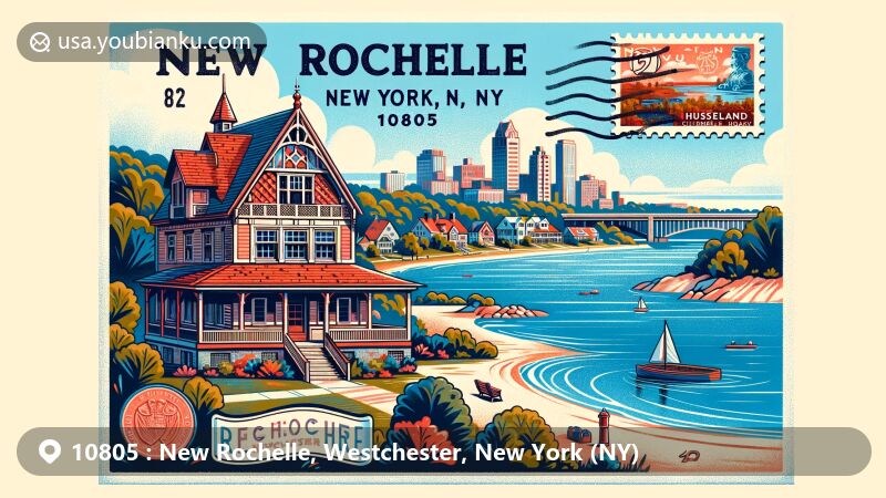 Vivid illustration of New Rochelle, Westchester, NY 10805, showcasing Thomas Paine Cottage, Glen Island Park, city skyline, postal elements like postmark and postage stamp.
