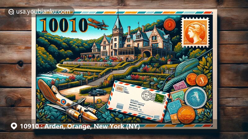 Modern illustration of Arden estate in Orange County, New York, featuring lush greenery and postal heritage elements with airmail envelope, vintage stamps, and ZIP code 10910.