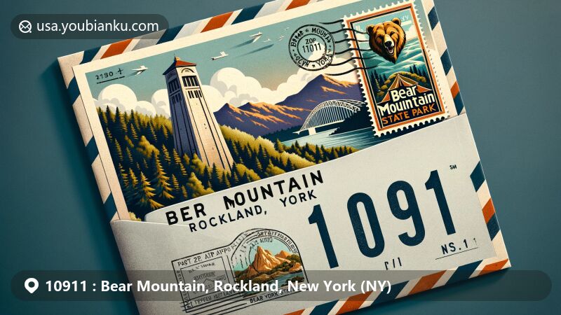 Vintage-style illustration of Bear Mountain in Rockland County, New York, showcasing creative air mail envelope with a colorful postcard of Bear Mountain State Park, featuring Perkins Memorial Tower and Bear Mountain Bridge, elegantly highlighting ZIP code 10911 and 'Bear Mountain, NY'.