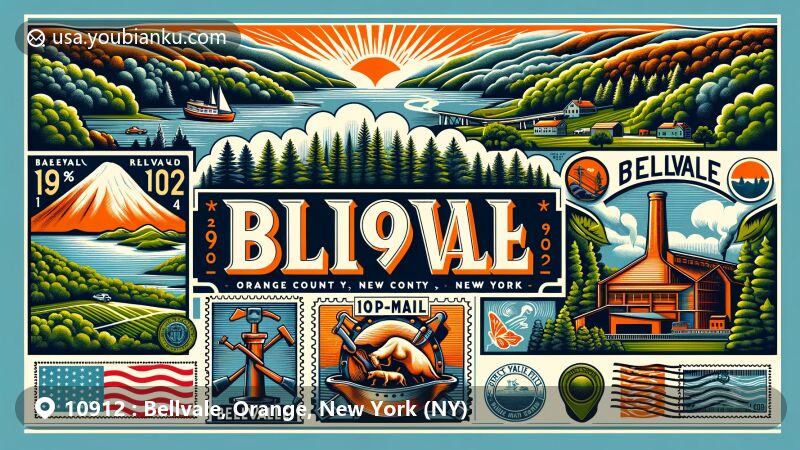 Illustration of Bellvale area in Orange County, New York, showcasing wooded landscape, Bellvale Mountain, seasonal climate, historical iron forge, and postal theme with ZIP code 10912 and New York state flag stamp.