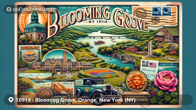 Modern illustration of Blooming Grove, Orange County, New York, showcasing postal theme with ZIP code 10914, featuring Beaver Dam Lake, Schunnemunk Mountain, Brotherhood Winery, and Storm King Art Center.