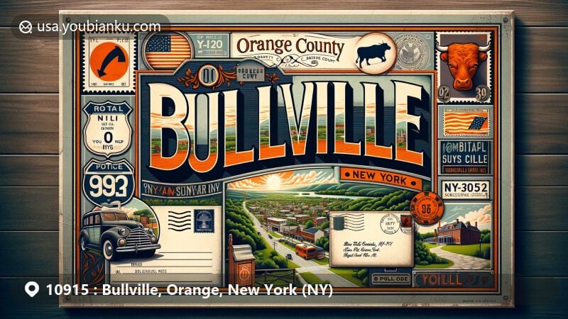 Vintage postcard illustration of Bullville, Orange County, New York, showcasing small town charm and postal elements with ZIP code 10915, featuring local landmarks and scenic routes.