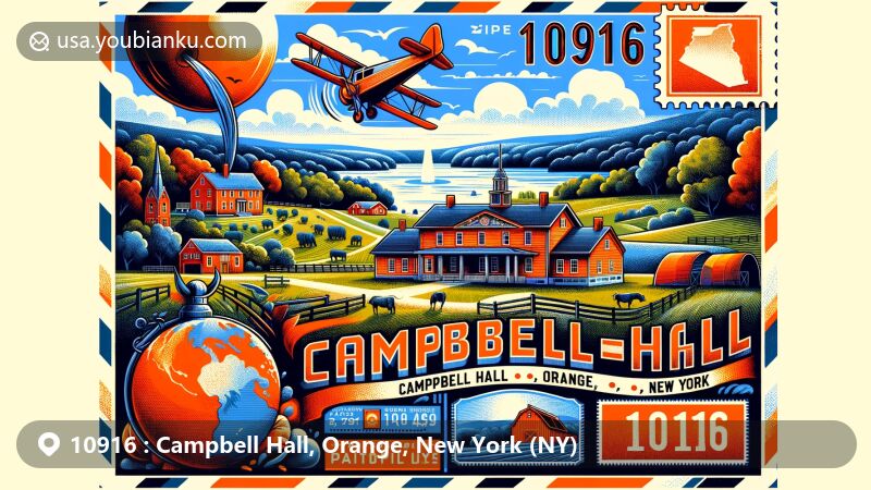 Modern illustration of Campbell Hall, Orange County, New York, showcasing postal theme with ZIP code 10916, featuring The Bull Stone House, Halfway Acres Farm, and picturesque Hudson Valley landscape.