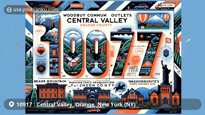 Modern illustration of Central Valley, Orange County, New York, featuring ZIP code 10917, showcasing Woodbury Common Premium Outlets, Bear Mountain State Park, and Washington's Headquarters State Historic Site, with elements of the New York state flag.