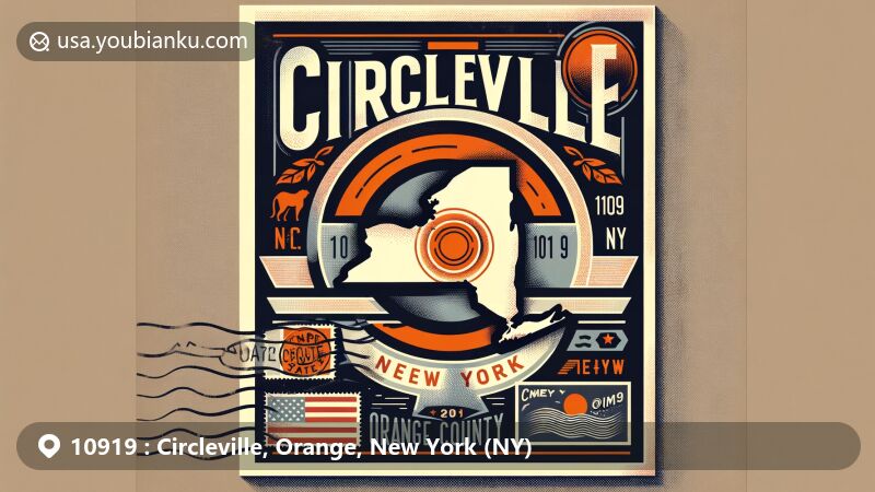 Modern illustrative postcard of Circleville, Orange County, New York, featuring state pride with New York State flag and postal elements like stamp, postmark with ZIP Code 10919, and artistic 'Circleville' name.