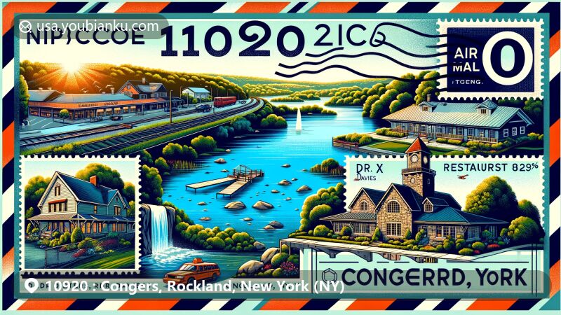 Modern illustration of Congers, Rockland County, New York, showcasing Lake DeForest, Congers Railroad Station, Dr. Davies Farm, and Restaurant X, along with postal elements like postmark and '10920 ZIP Code - Congers, NY' stamp.