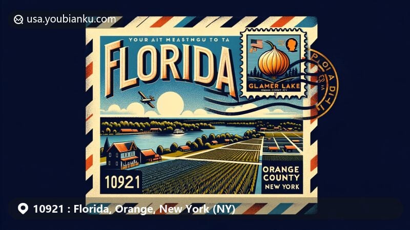 Modern illustration of Florida Village, Orange County, New York, featuring vintage air mail envelope with stamp depicting county outline and state flag, postcard of Glenmere Lake surrounded by onion fields, highlighting agricultural heritage.