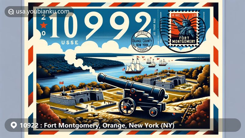 Vintage illustration of Fort Montgomery, Orange County, New York, showcasing postal theme with ZIP code 10922, featuring historic site and Hudson River backdrop.