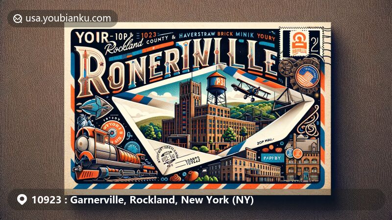 Modern illustration of Garnerville, Rockland County, New York, featuring vintage air mail postcard design with ZIP code 10923, showcasing Garner Print Works and state symbols.