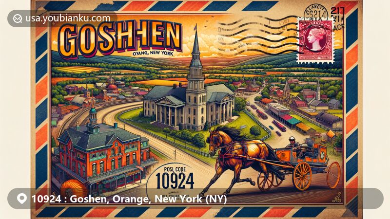Vintage-style illustration of Goshen, Orange County, New York, featuring iconic landmarks like the Goshen Historic Track, 1841 courthouse, First Presbyterian Church, and downtown area, with lush agricultural scenery and hints of the Hudson River, integrating classic postal elements like postage stamp and air mail insignia.
