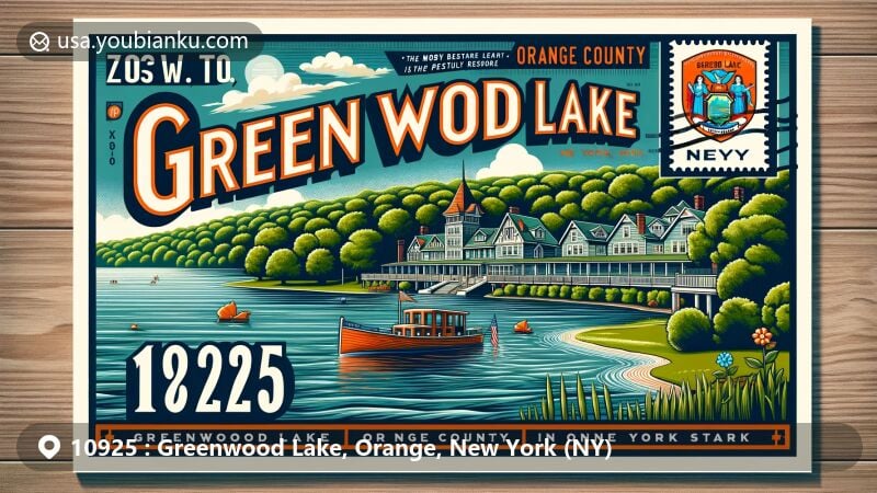 Vibrant illustration of Greenwood Lake area in Orange County, New York, featuring the symbolic ZIP code 10925, showcasing the picturesque lake surrounded by lush greenery, historic Victorian resorts, a vintage steamboat, the iconic 1914 castle, New York state flag, and postal elements.