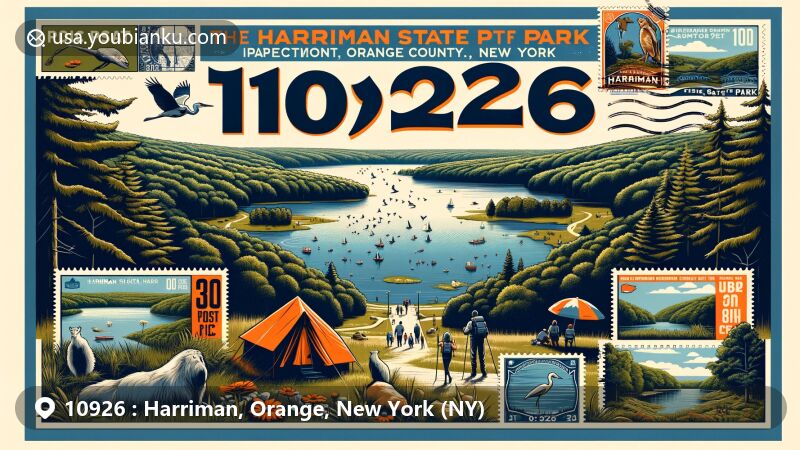 Modern illustration of Harriman, Orange County, New York, highlighting Harriman State Park with diverse wildlife, hiking trails, and camping scene, integrated with postal theme featuring vintage airmail envelope and ZIP code 10926.