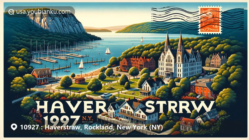 Modern illustration of Haverstraw, Rockland County, New York, featuring Hudson River vista with Palisades Escarpment and High Tor Mountain, highlighting historic Village of Haverstraw and diverse architecture.