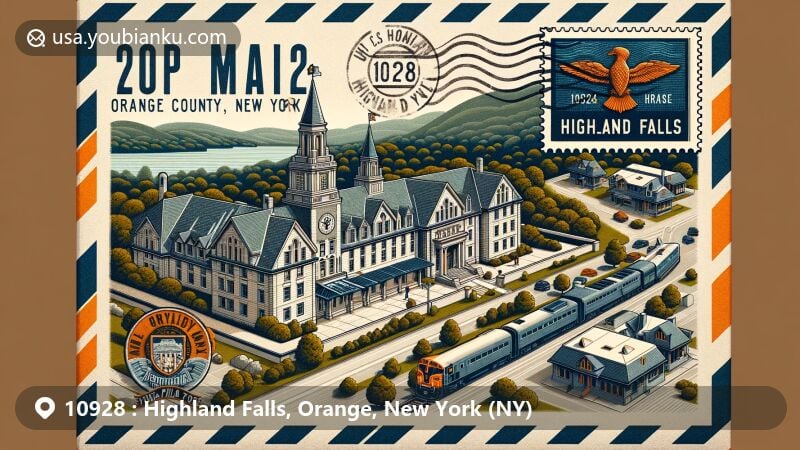 Modern illustration of Highland Falls, Orange County, New York, featuring vintage air mail envelope showcasing U.S. Military Academy at West Point, Shingle Style architecture, Hudson River scenery, New York state flag, and ZIP code 10928.