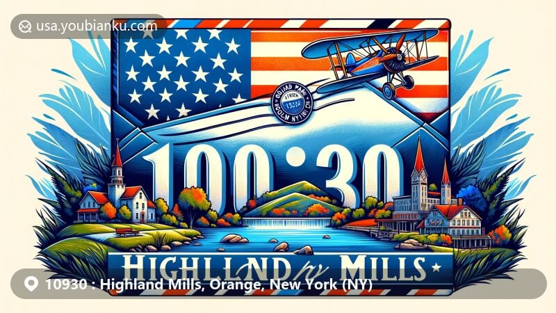 Vintage-style illustration of Highland Mills, Orange, New York, capturing postal theme with bold '10930' ZIP code on a large airmail envelope, featuring scenic landmarks like Gonzaga Park, Legacy Ridge, and Earl Reservoir Park, harmonized with New York State flag.