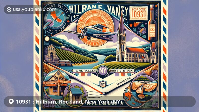 Vintage illustration of Hillburn, Rockland County, New York, portraying air mail envelope with Torne Valley Vineyards stamp, Brook Presbyterian Church, and Ramapough Mountain Indians, set against New York State backdrop.
