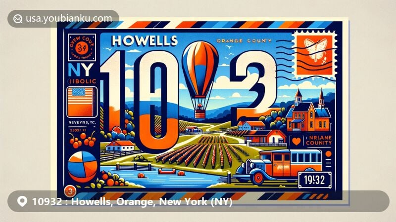 Modern illustration of Howells, Orange County, New York, capturing postal theme with ZIP code 10932, featuring scenic balloon rides, vineyards, and New York state symbols.