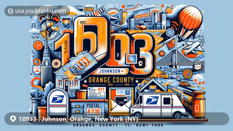 Modern illustration of Johnson, Orange County, New York, with postal theme showcasing ZIP code 10933, featuring postcard and stamp elements, Orange County landmarks, and New York State symbols.