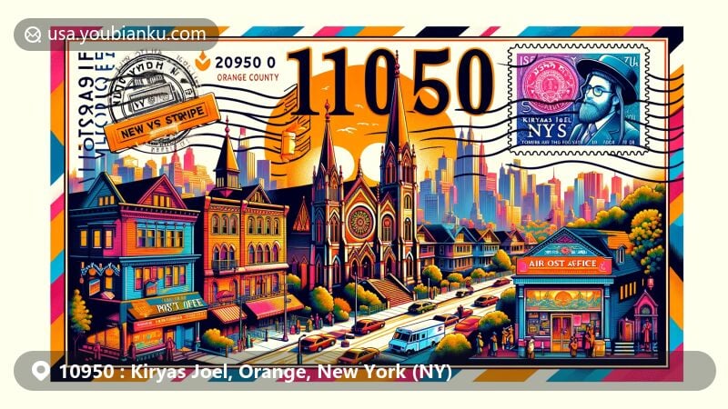 Vibrant postcard design for Kiryas Joel, Orange County, New York, featuring ZIP code 10950, iconic synagogue, Yiddish U.S. Post Office, classic airmail envelope with New York state flag stamp and '2024' postmark.