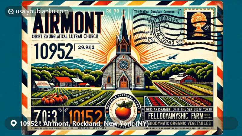 Modern illustration of Airmont, Rockland County, New York, featuring Christ Evangelical Lutheran Church and Duryea Farm, with vintage postal elements like stamps and postmarks, highlighting ZIP code 10952.