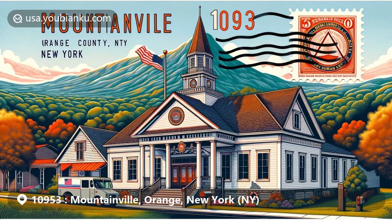 Colorful postcard illustration of Mountainville Grange Hall, featuring scenic Schunemunk Mountain and Hudson Highlands, with New York State flag stamp, 'Mountainville, NY 10953' postmark, mailbox, and mail truck.