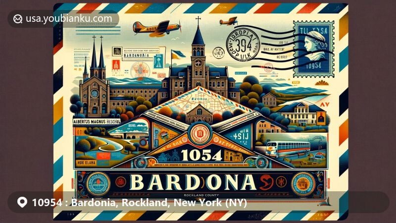Modern illustration of Bardonia, Rockland County, New York, featuring vintage airmail envelope with zipcode 10954, showcasing Albertus Magnus High School and Novo-Diveevo Convent, set against a stylized map of Bardonia.
