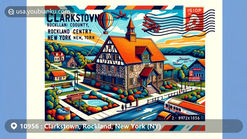 Modern illustration of Clarkstown, Rockland County, New York, showcasing landmarks like the Jacob Blauvelt House with Dutch heritage symbolism, Bear Mountain State Park, and recreational areas at Rockland Lake State Park and Congers Lake, along with the vibrant Rockland arts scene.