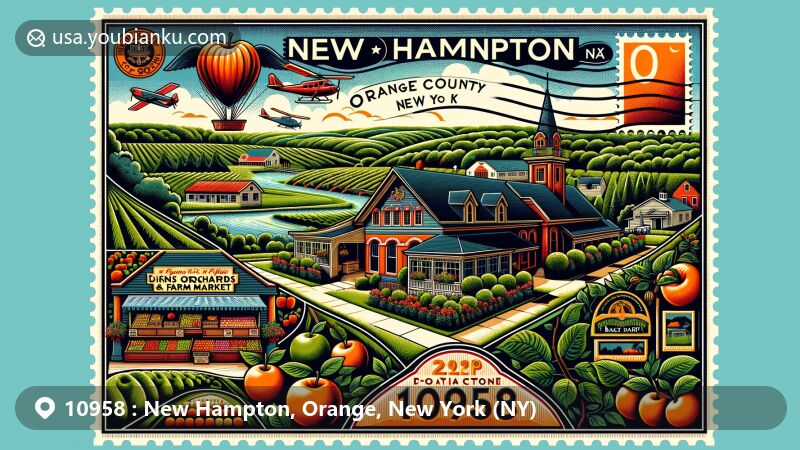Modern illustration of New Hampton, Orange County, New York, showcasing postal theme with ZIP code 10958, featuring Soons Orchards & Farm Market and lush greenery of the Black Dirt Region.