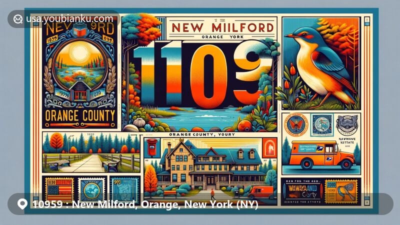 Vibrant illustration of New Milford, Orange County, New York, showcasing postal theme with ZIP code 10959, featuring Wawayanda State Park, stylized county map, vintage mailbox, and local cultural symbols.