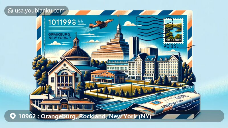 Modern illustration of Orangeburg, Rockland County, New York, showcasing postal theme with ZIP code 10962, featuring Camp Shanks, Douglas House, Blue Hill Plaza, vintage postage elements, and vibrant colors.
