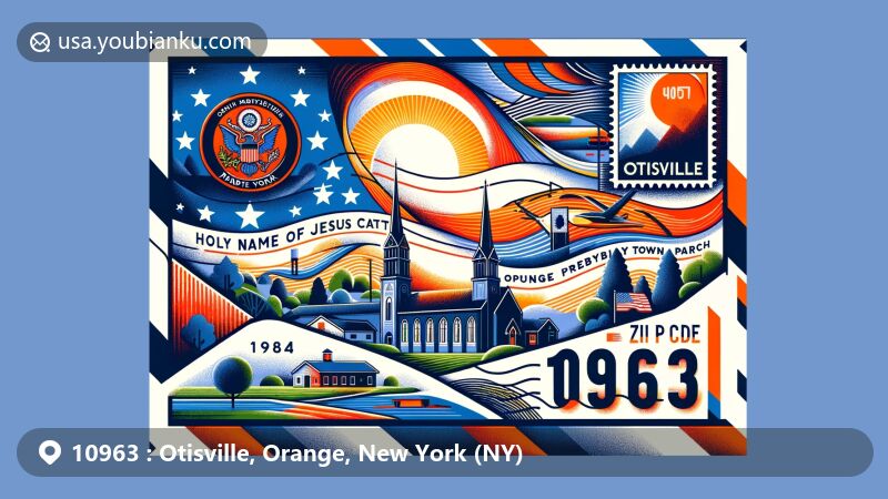 Modern illustration of Otisville, Orange County, New York, showcasing postal theme with ZIP code 10963, featuring Holy Name Of Jesus Catholic Church and Otisville Presbyterian Church.