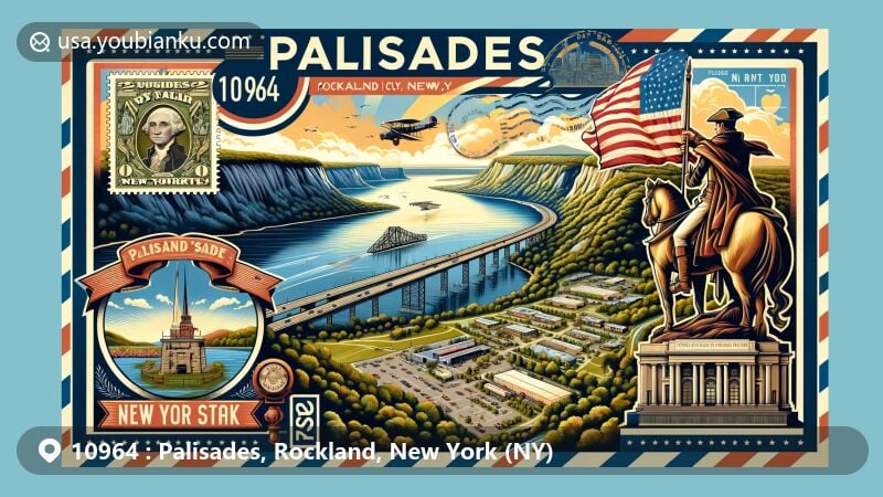 Illustration of Palisades, Rockland County, New York, postal theme with ZIP code 10964, showcasing Palisades ridge, Hudson River, historical and modern symbols.