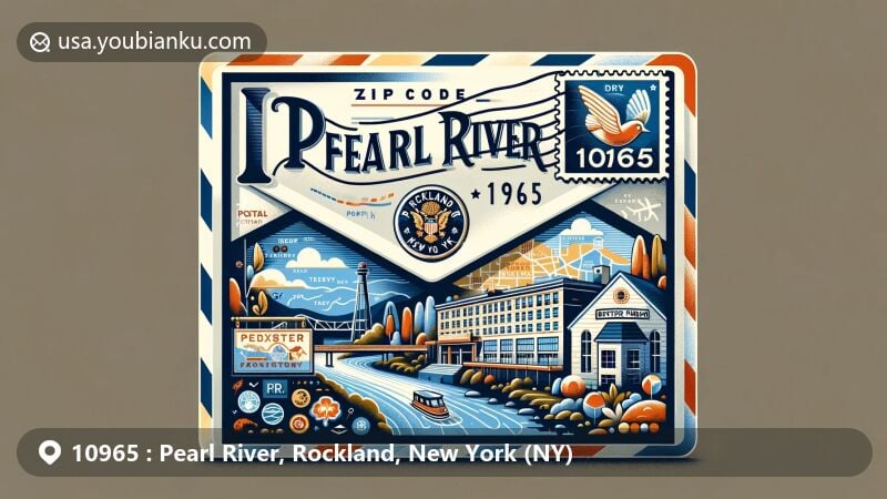 Modern illustration of Pearl River, Rockland, New York, featuring vintage airmail envelope with ZIP code 10965, showcasing Dexter Folder factory, Irish community elements, and Metro-North station.