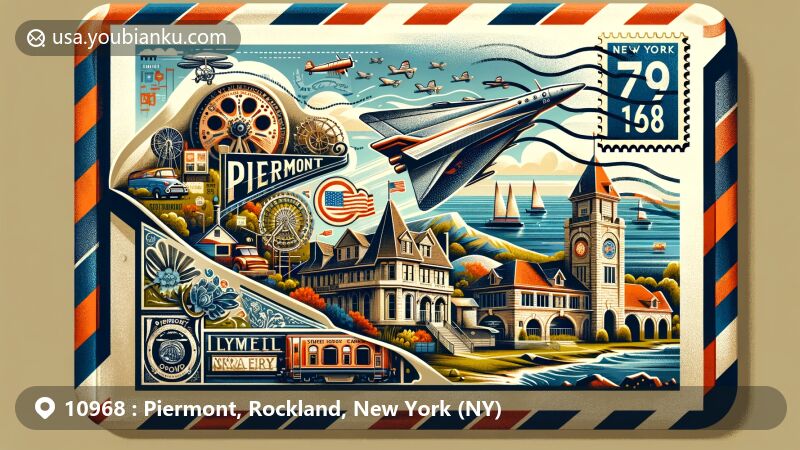 Modern illustration of Piermont, Rockland County, New York, resembling a vintage air mail envelope with stamps and postmarks, featuring Piermont Public Library, Piermont Erie Railroad station, Flywheel Park, Onderdonk House, and artistic representation of ZIP code 10968, New York state flag, and Rockland County shape.