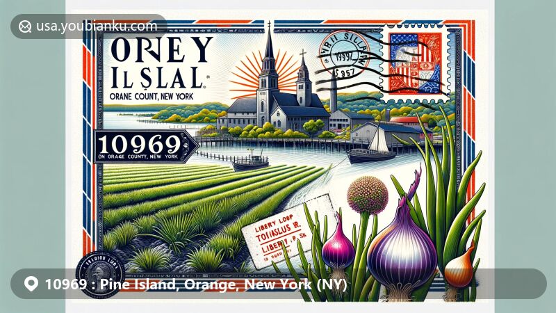 Modern illustration of Pine Island, Orange County, New York, representing ZIP code 10969 in the format of an air mail envelope with a postmark and stamp, showcasing black dirt fields, onion plants, Liberty Loop Trail, St. Stanislaus R.C. Church, and Polish heritage symbols.