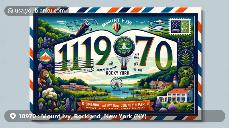 Creative depiction of Mount Ivy, Rockland County, New York, featuring postal theme with ZIP code 10970, showcasing Mount Ivy County Park, Ramapough Mountain Indians, and Quaker heritage, and subtle illustrations of local flora and fauna.