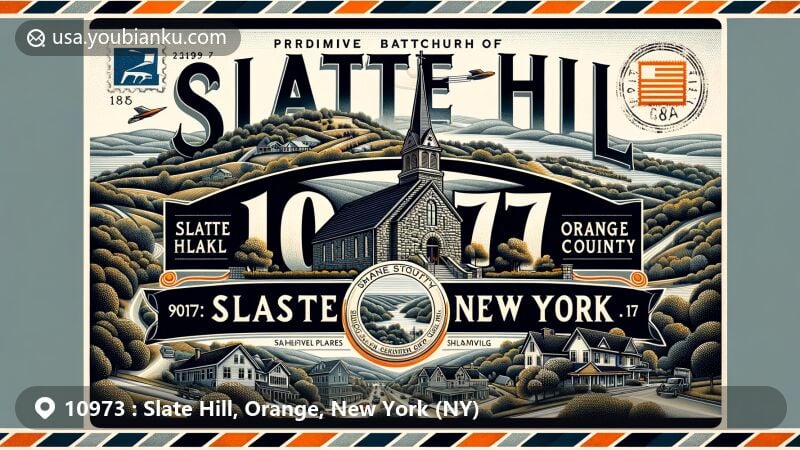 Vintage airmail envelope illustration of Slate Hill, Orange County, New York, featuring ZIP code 10973, showcasing Brookfield Primitive Baptist Church and Shannen Park.